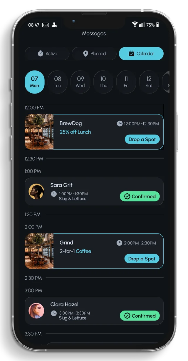 Calendar screen showing confirmed dates and venue offers through the day