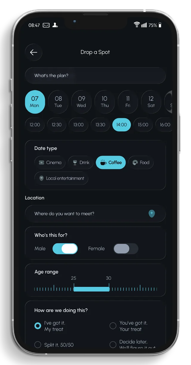 Drop a Spot screen — pick a date type, day, time and location
