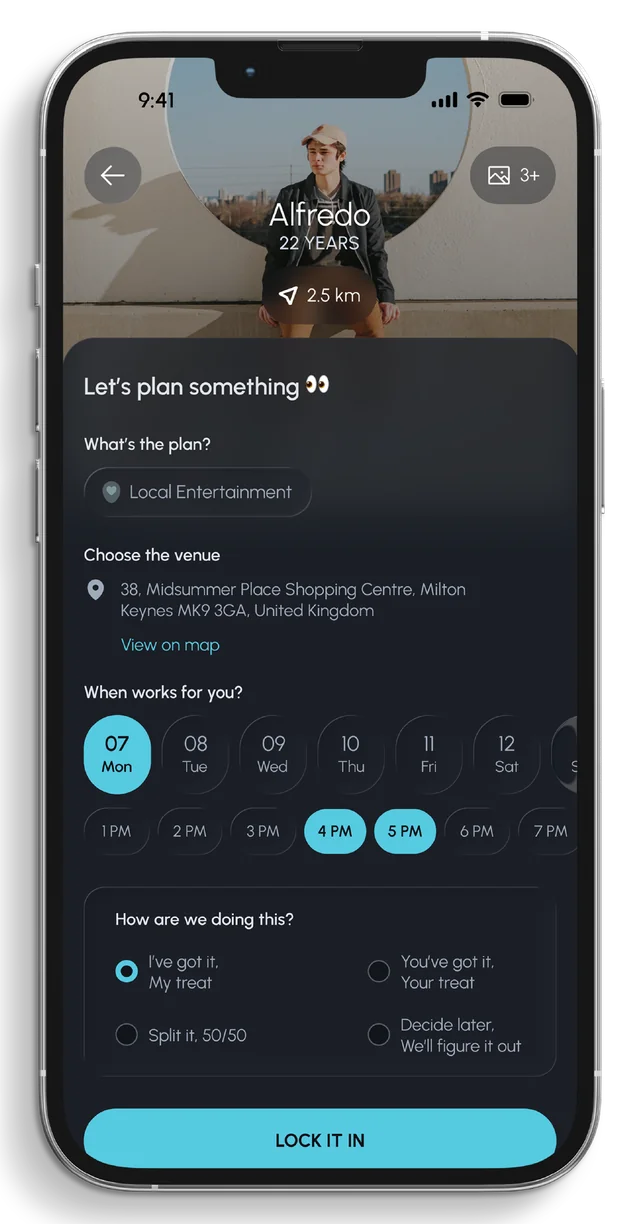 The Spot app plan builder — choose a venue, day and time after you match