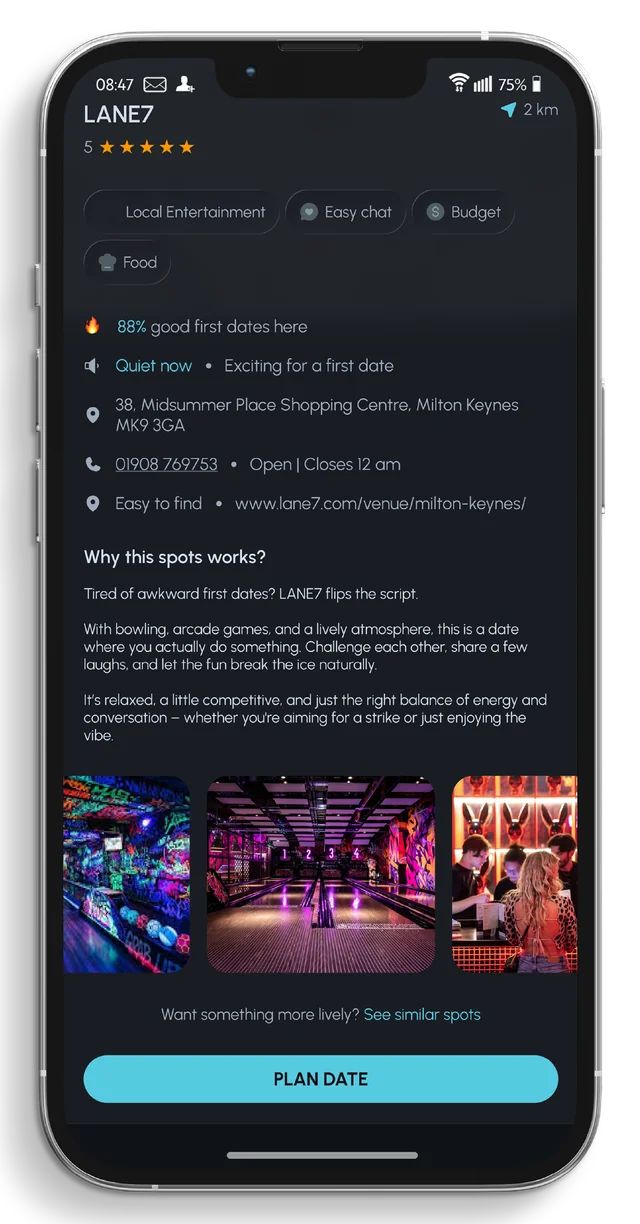 Venue detail screen for LANE7 in Milton Keynes with photos and info