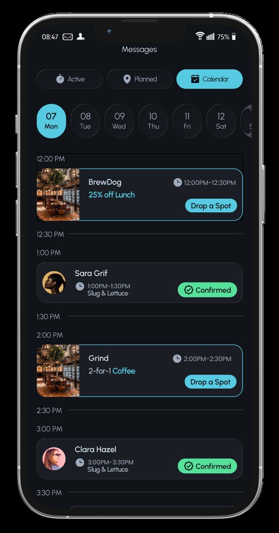 The Spot calendar showing a confirmed date and a venue offer on the same day