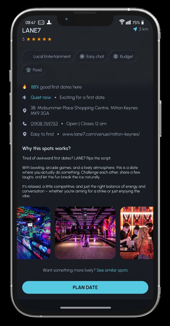 A venue page in the Spot app, with photos, vibe tags and why it works for a first date
